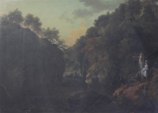 Attributed to William Ashford (1746-1824) Figures overlooking a rocky gorge 18 x 25in.